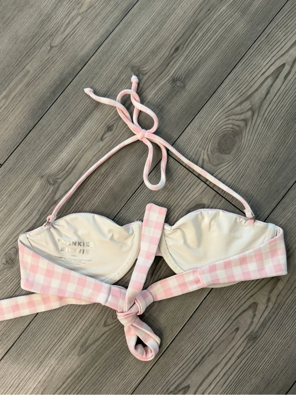Frankie's Bikinis Pink and White Gingham Bandeau Top L